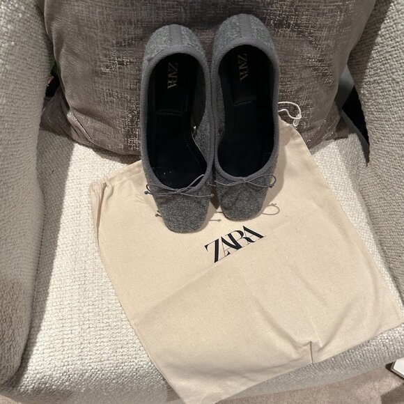 Zara Oatmeal Beige & Grey Felt Ballet Flats | Square Toe | Size 37 / US 6.5 - Picture 8 of 11